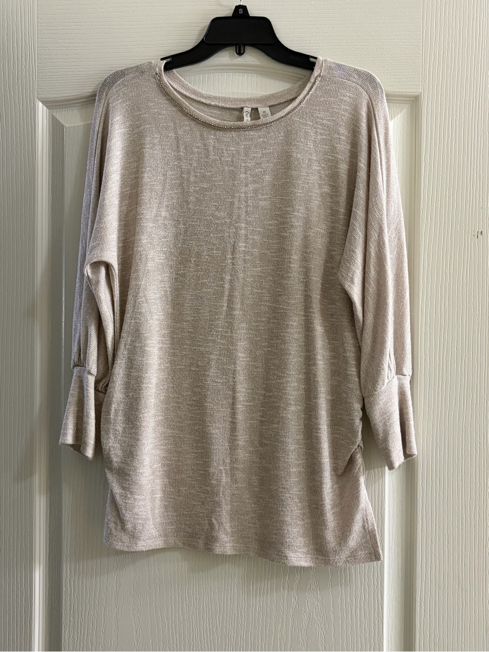 Cato Beige Shimmer Sweater Top Ruched Sides Dolman Sleeves Size M